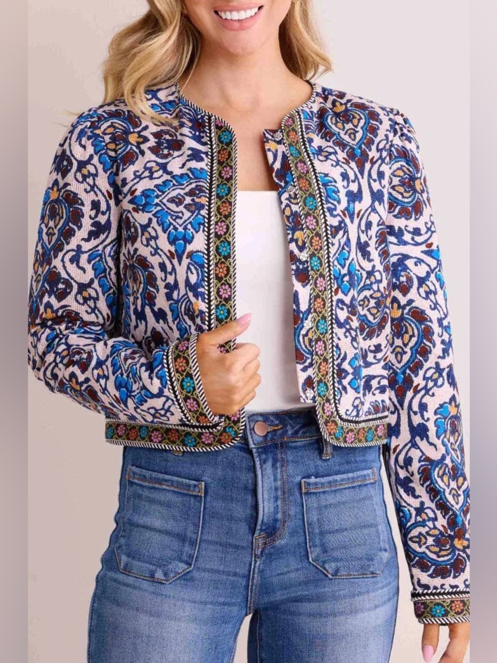 Avara Natasha Multicolored Patterned‎ Trim Cropped Jacket